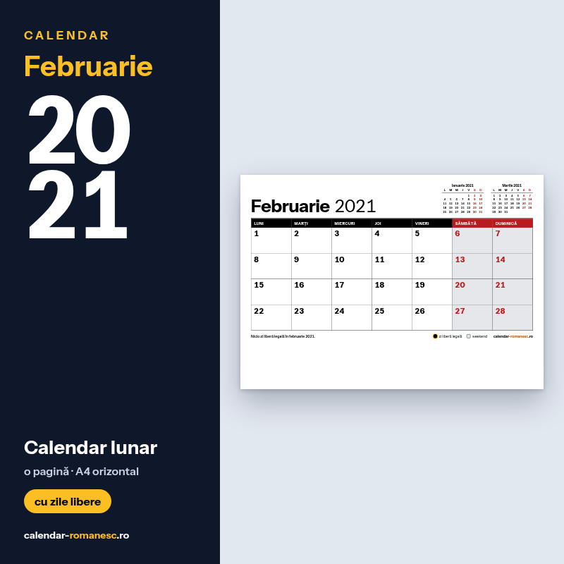 Calendar Februarie 2021 de imprimat