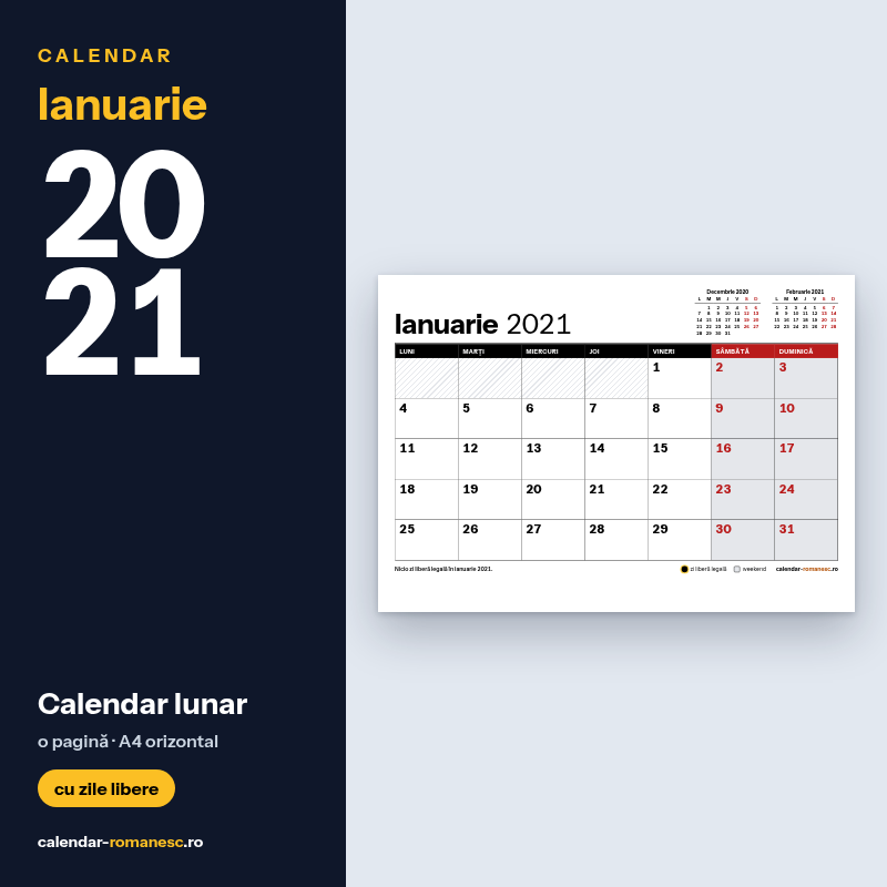 Calendar Ianuarie 2021 de imprimat