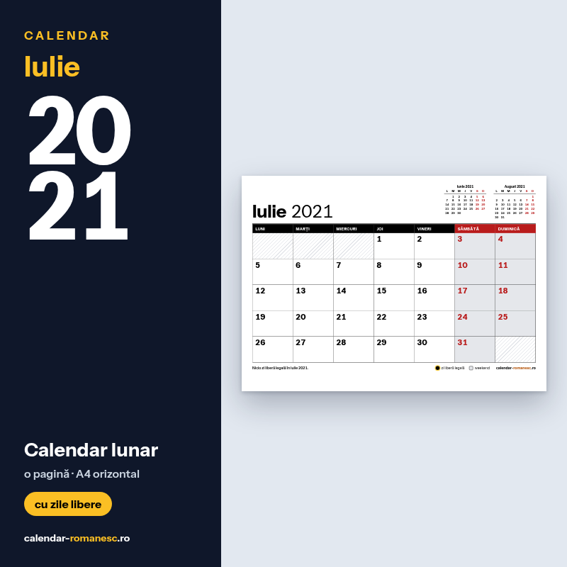 Calendar Iulie 2021 de imprimat