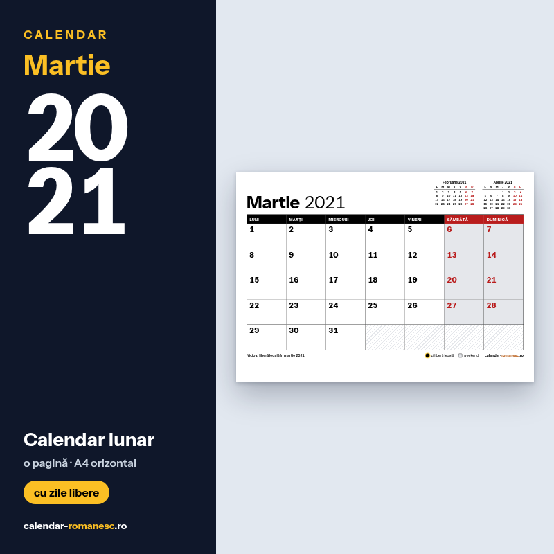 Calendar Martie 2021 de imprimat