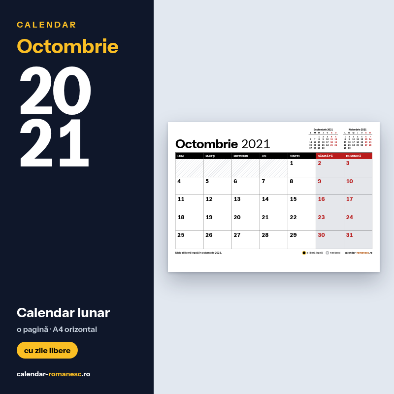 Calendar Octombrie 2021 de imprimat