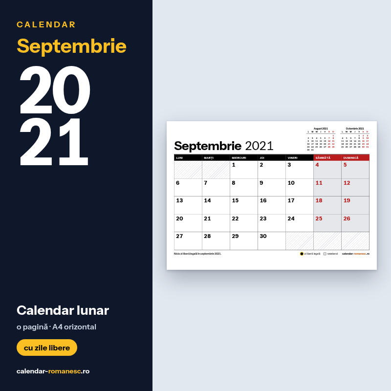 Calendar Septembrie 2021 de imprimat