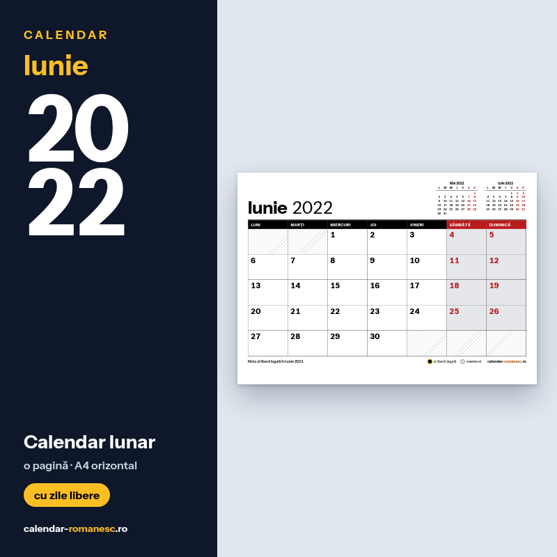 Calendar Iunie 2022 de imprimat