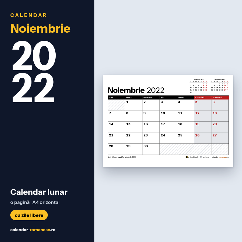 Calendar Noiembrie 2022 de imprimat