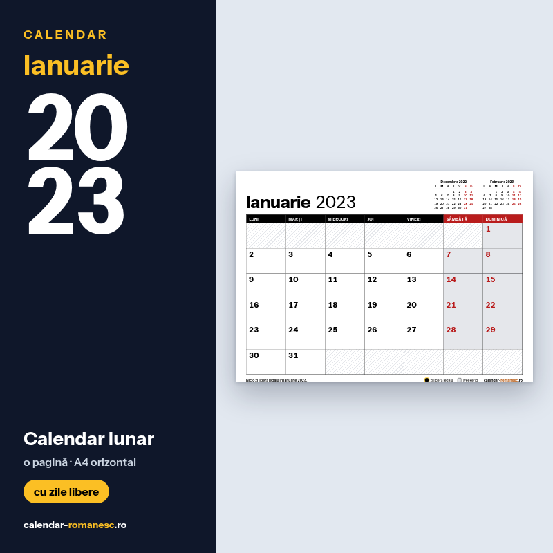 Calendar Ianuarie 2023 de imprimat