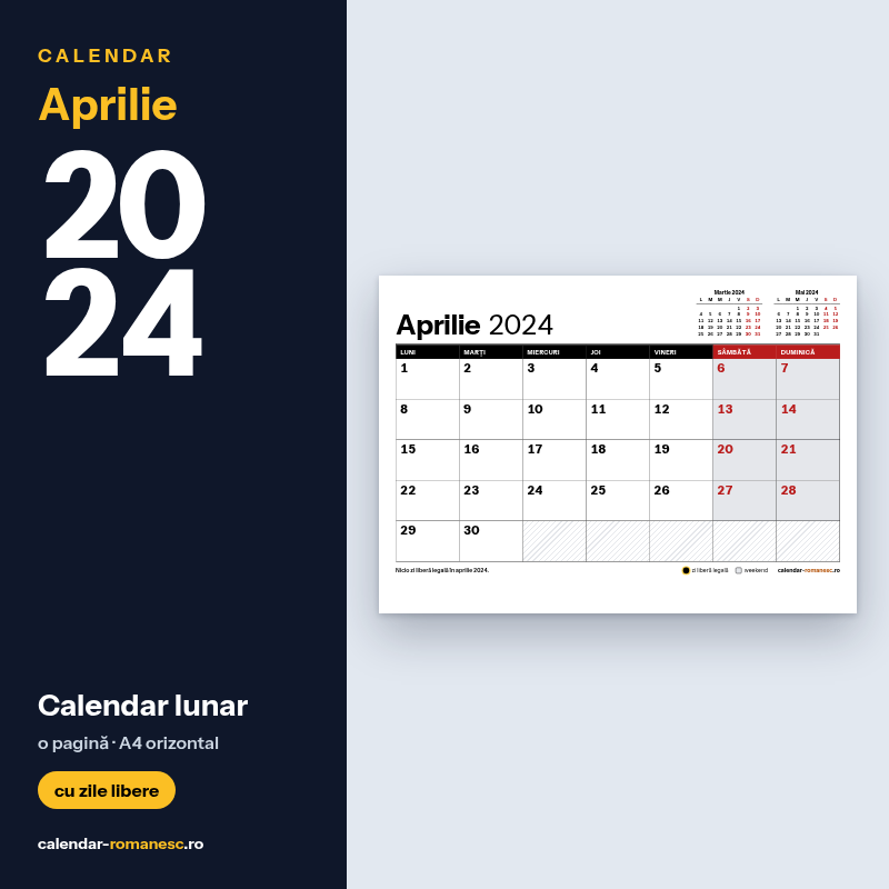 Calendar Aprilie 2024 de imprimat
