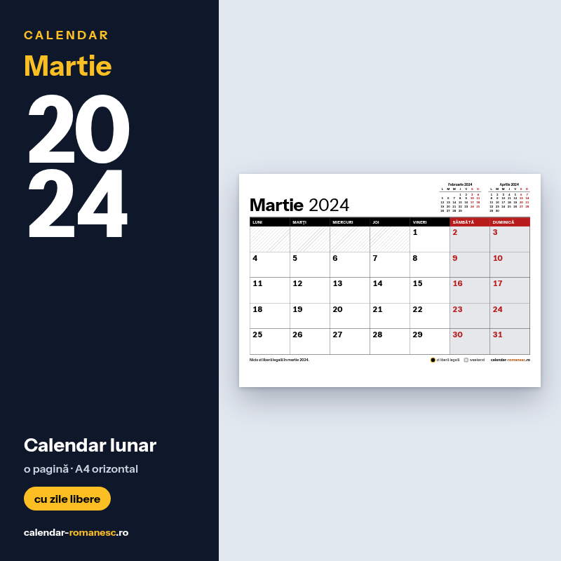 Calendar Martie 2024 de imprimat