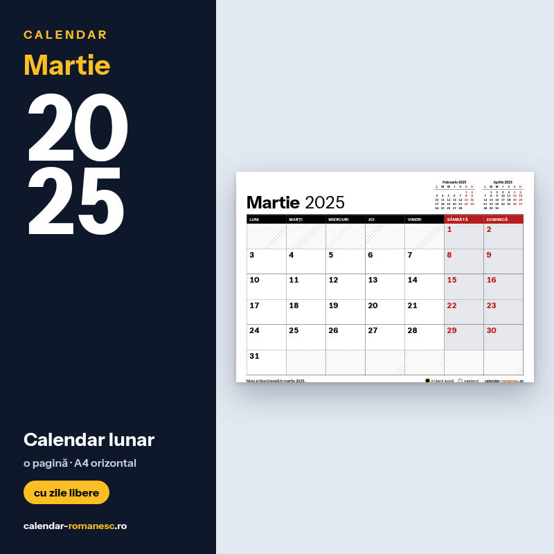 Calendar Martie 2025 de imprimat
