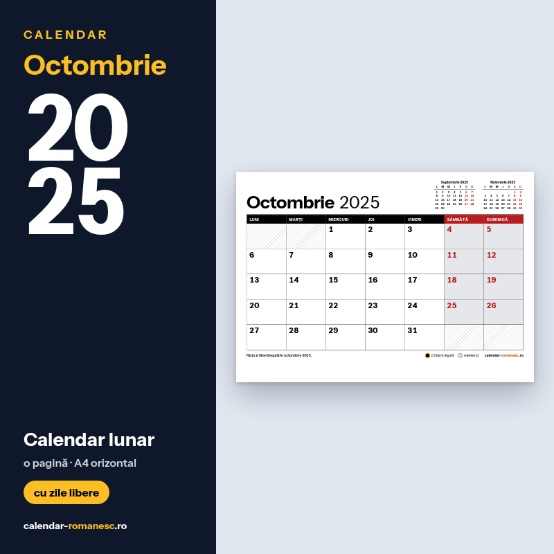 Calendar Octombrie 2025 de imprimat