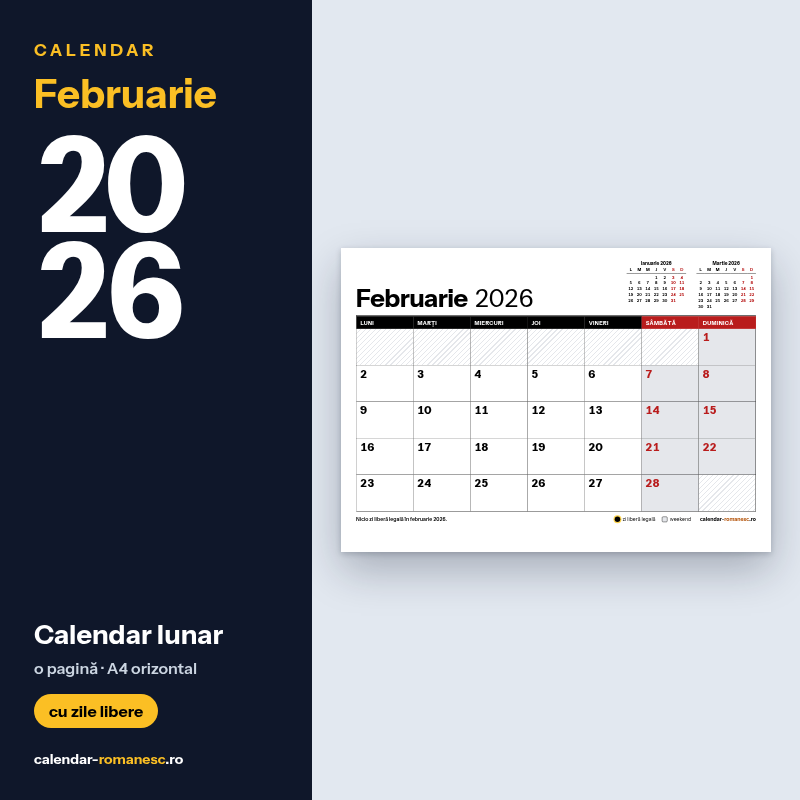 Calendar Februarie 2026 de imprimat