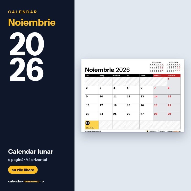 Calendar Noiembrie 2026 de imprimat
