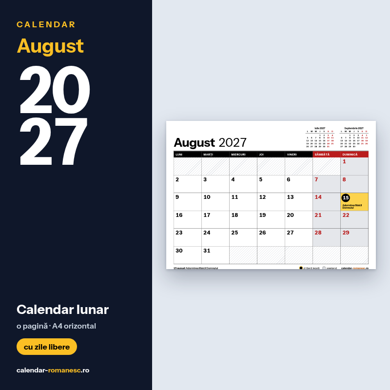 Calendar August 2027 de imprimat