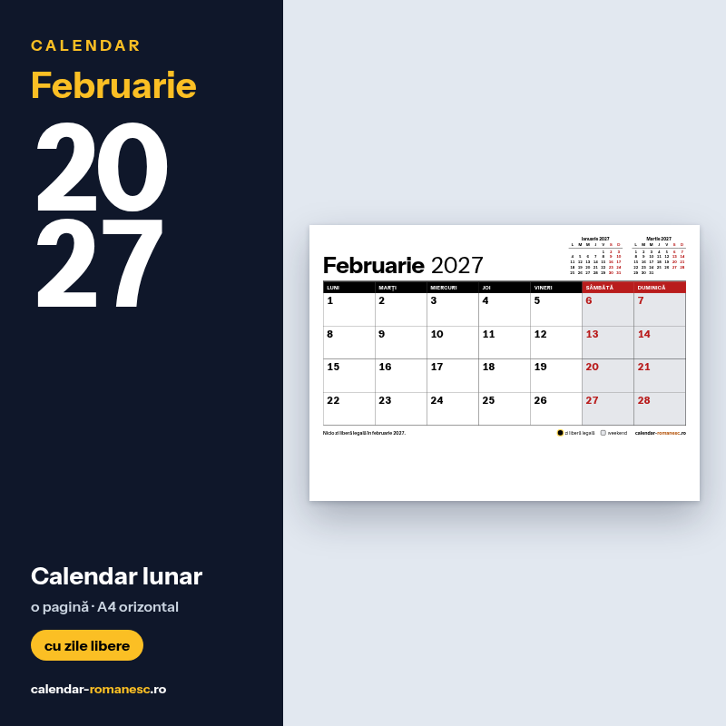 Calendar Februarie 2027 de imprimat