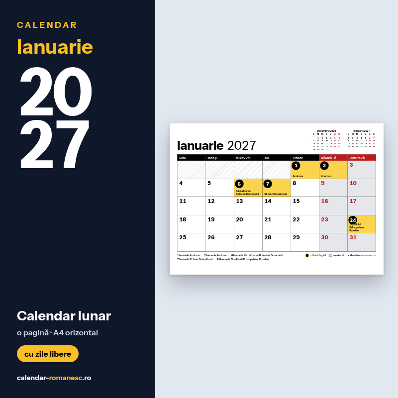 Calendar Ianuarie 2027 de imprimat