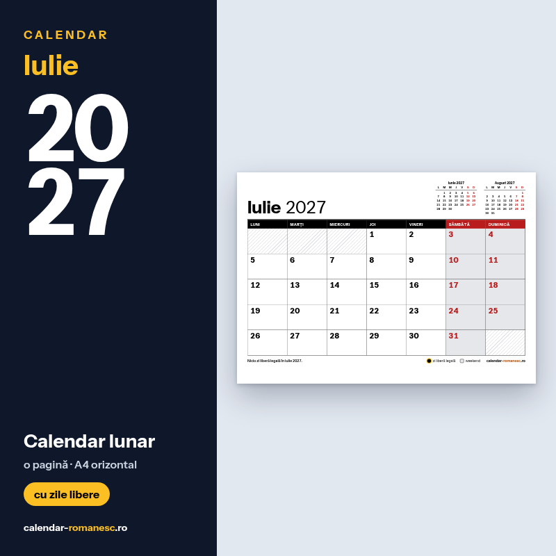 Calendar Iulie 2027 de imprimat