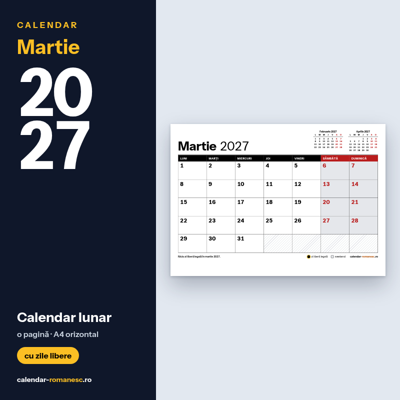 Calendar Martie 2027 de imprimat