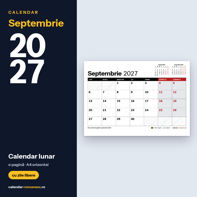 Calendar Septembrie 2027 de imprimat