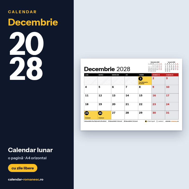 Calendar Decembrie 2028 de imprimat