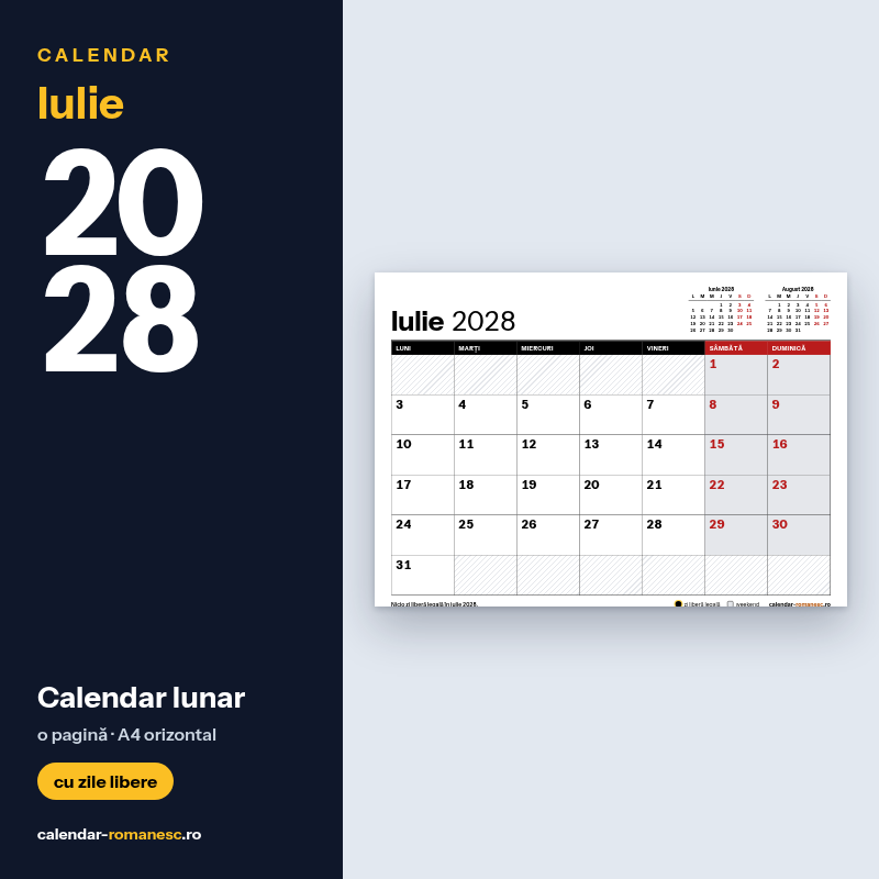 Calendar Iulie 2028 de imprimat