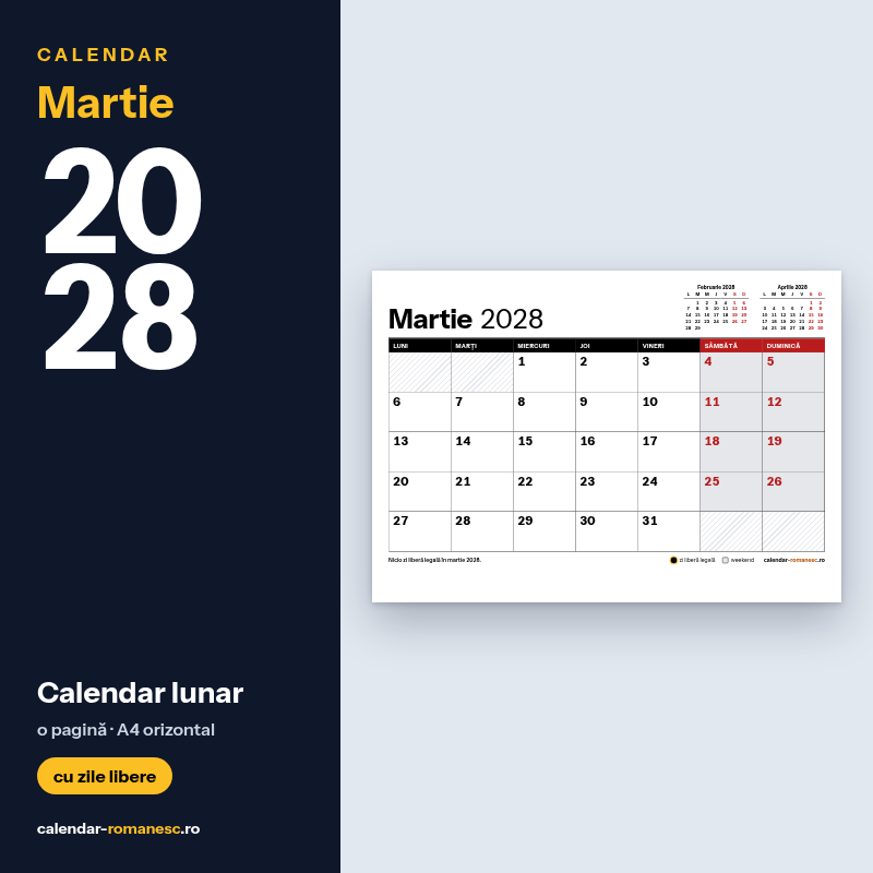 Calendar Martie 2028 de imprimat