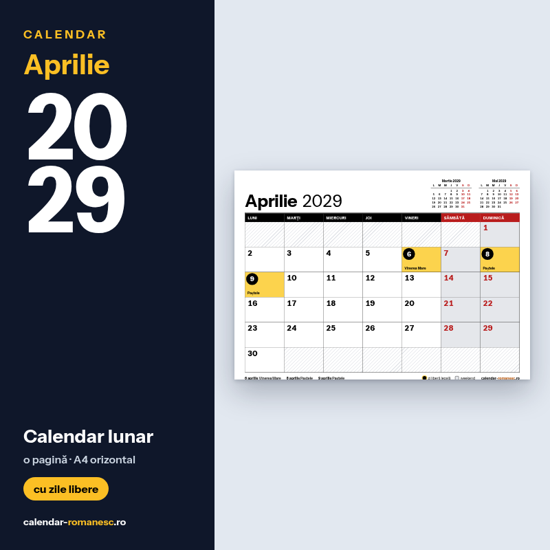 Calendar Aprilie 2029 de imprimat