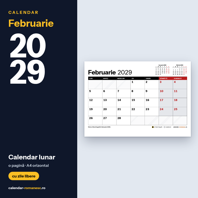 Calendar Februarie 2029 de imprimat