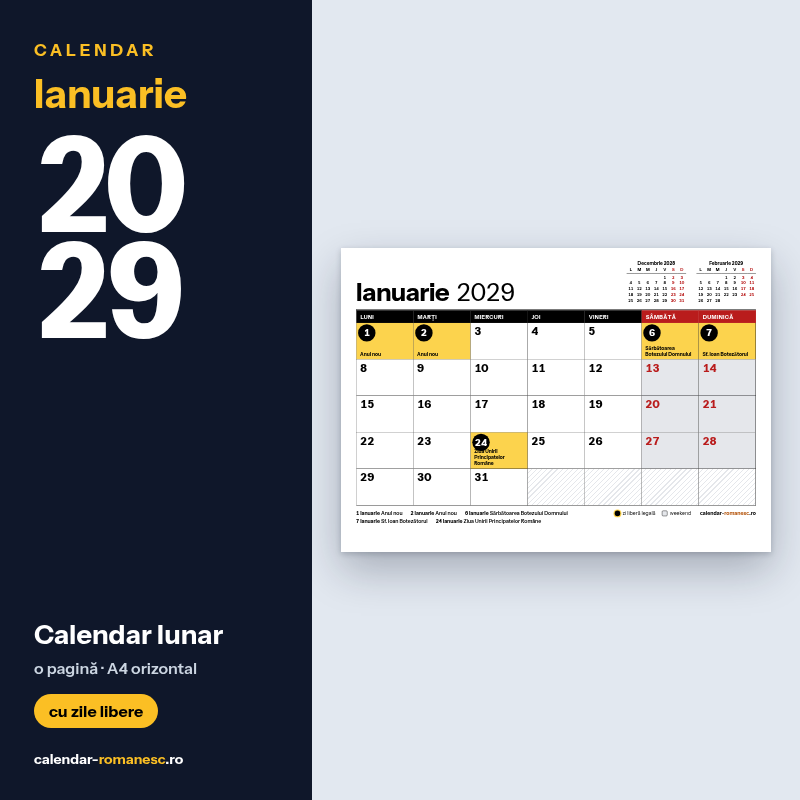 Calendar Ianuarie 2029 de imprimat