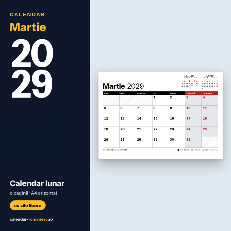 Calendar Martie 2029 de imprimat