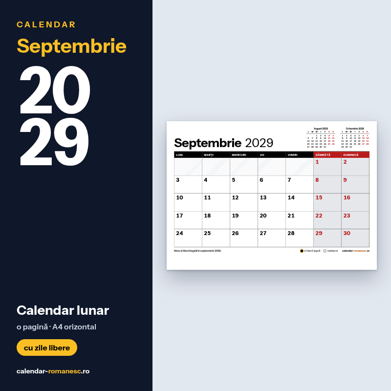 Calendar Septembrie 2029 de imprimat