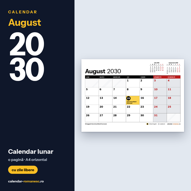 Calendar August 2030 de imprimat