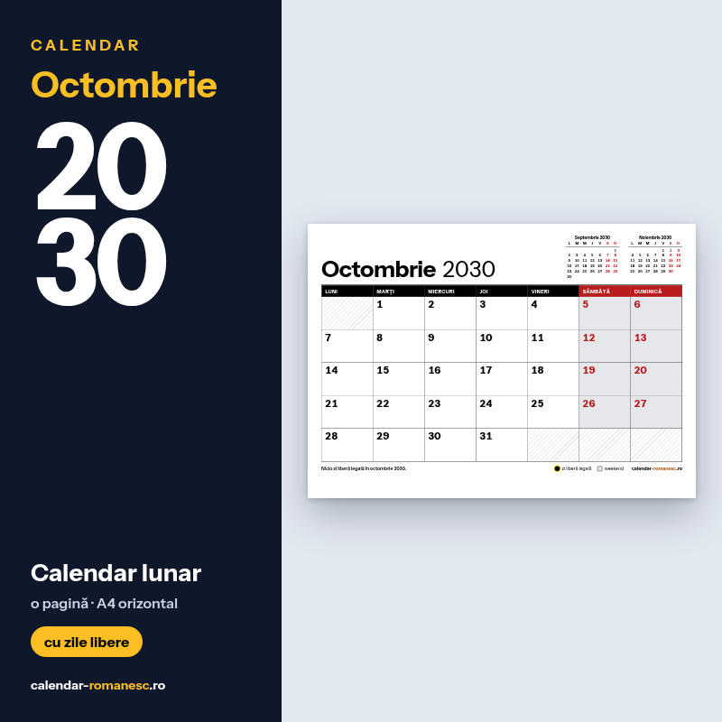 Calendar Octombrie 2030 de imprimat