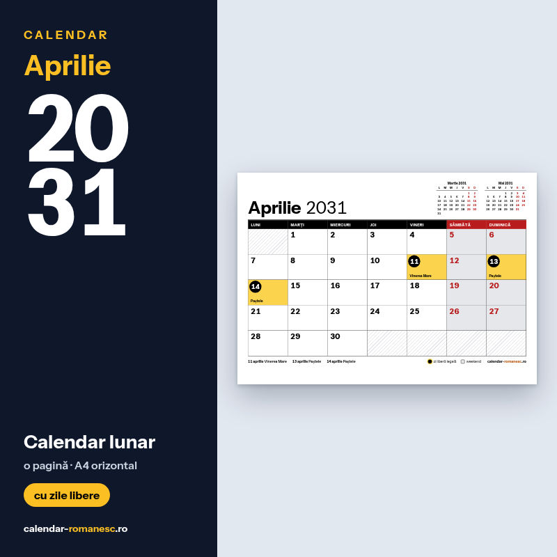 Calendar Aprilie 2031 de imprimat