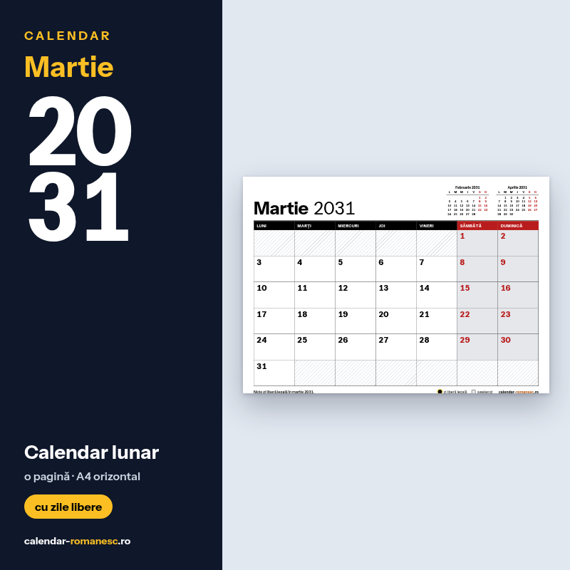 Calendar Martie 2031 de imprimat