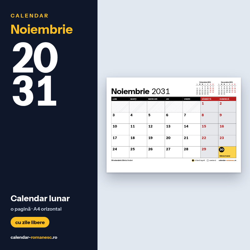 Calendar Noiembrie 2031 de imprimat