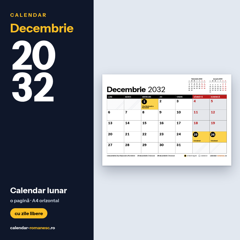 Calendar Decembrie 2032 de imprimat