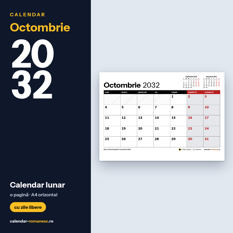 Calendar Octombrie 2032 de imprimat